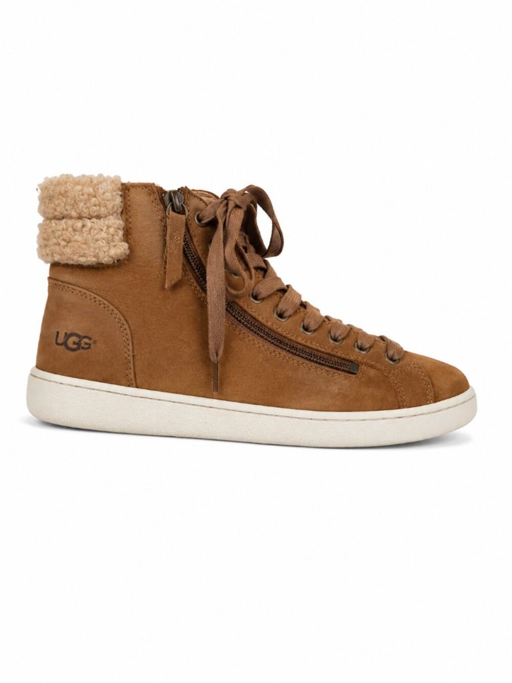 UGG Camel Shearling Cuff High Top Sneakers Cozy Side Zip Women Shoes